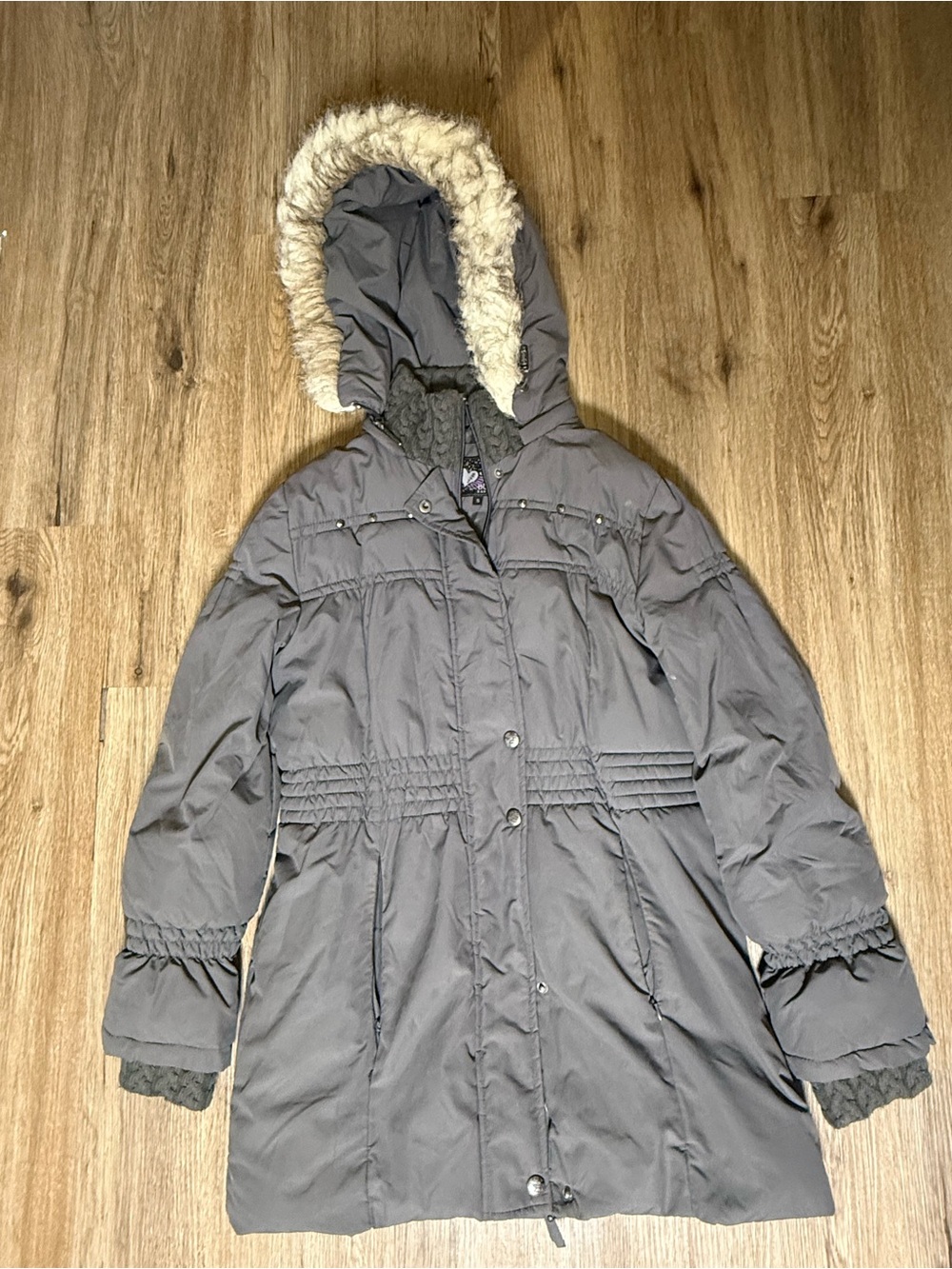 Buffalo David Bitton Gray Hooded Puffer Coat with Faux-Fur Trim